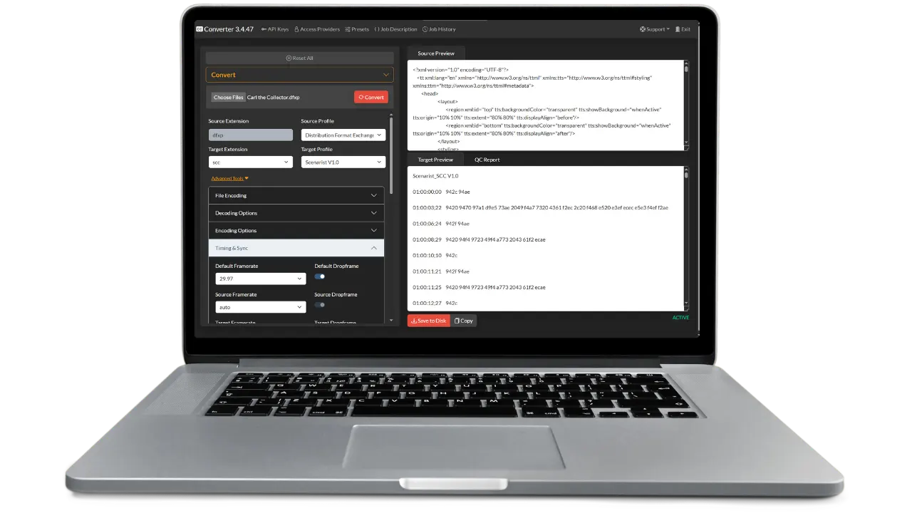 Screenshot of Closed Caption Converter web UI running on a Macbook Pro.